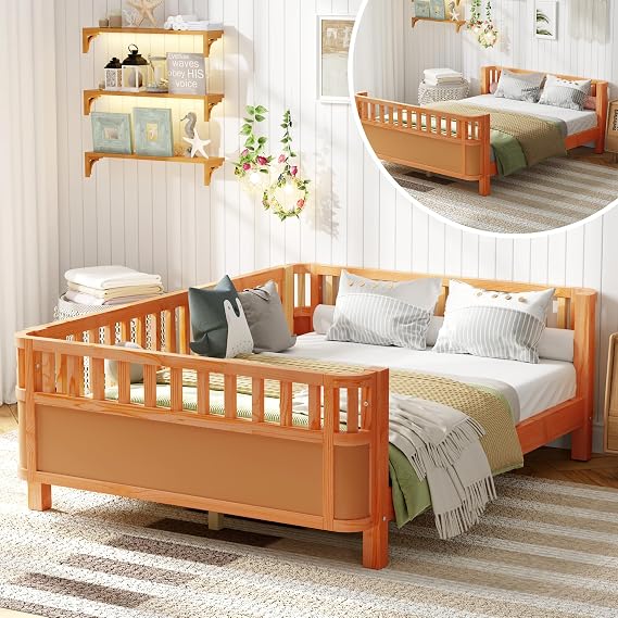 Full Size Kids Bed with Rails, Wooden Low Montessori Bed Frame with Slats Support, Modern Full Daybed with Detachable Side Rails for Boys Girls Bedroom Living Room, Natural