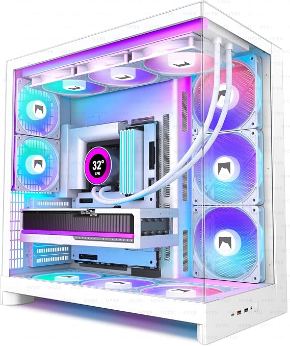 H2 (2026) HYXN ATX PC Case, Pre-Installed 8 PWM ARGB Fans (6X140mm,2X120mm), Large Dual-Chamber ATX Mid-Tower Airflow Computer Case, Gaming PC Case, 420mm Radiator Support, Type-C 3.2 (White)