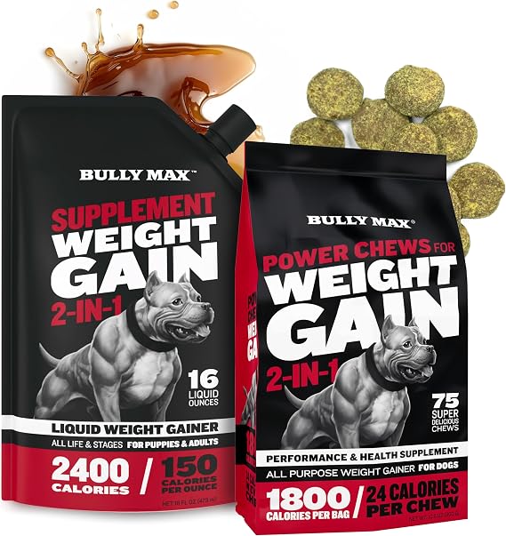 Bully Max Ultimate Weight Gain Bundle High-Calorie Liquid Weight Gainer & Protein-Packed Soft Chews for Dogs Boost Energy, Muscle Growth & Vitality Safe for All Breeds, Puppies and Adults Dogs
