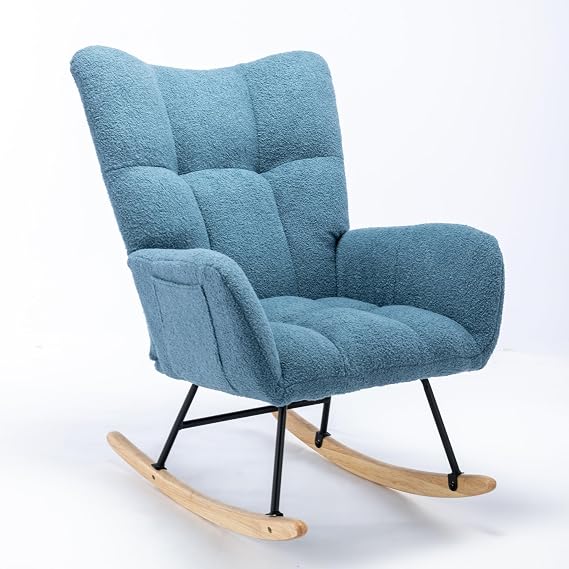 Rocking Chair with Pocket, Soft Teddy Fabric Rocking Chair for Nursery, Comfy Wingback Glider Rocker with Safe Solid Wood Base for Living Room Bedroom Balcony (Blue)