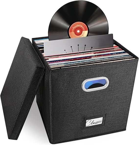 Vinyl Record Storage Box for 50+ LPs, 12-Inch Record Holder Case with Lid | Black Linen Album Record Crate with handle, Collapsible Play Music Collection Holder, Document File Folder Cabinet Organizer