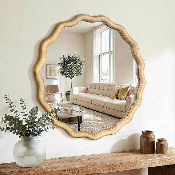 AMOISE Round Wavy Wall Mirror, 24" Circle Boho Scalloped Mirror