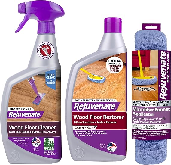 Rejuvenate Professional Wood Floor Cleaner and Professional Wood Floor Restorer High Gloss and Microfiber Bonnet Applicator