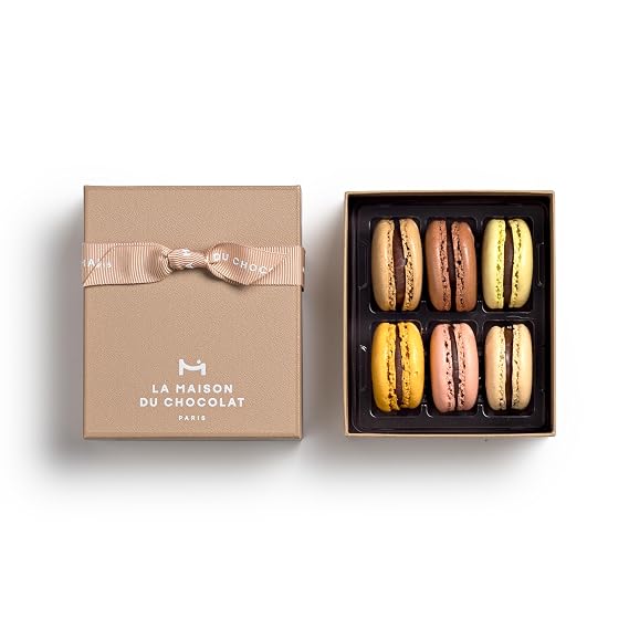 LA MAISON DU CHOCOLAT Macaron Gift Box | Gourmet French Dark Chocolate Filling with Shells in Assorted Flavors (6 Pieces)