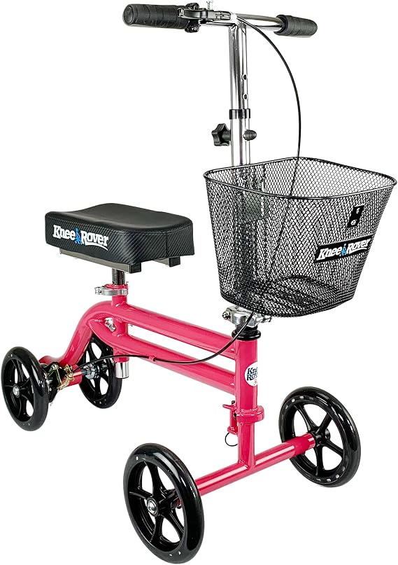 KneeRover Steerable Knee Scooter Foldable Mobility Aid & Knee Walker with Basket for Adults, Adjustable Handlebar and Comfortable Knee Pad (Hot Pink) | Foldable Knee Walker For Foot Surgery, Broken Ankle, Foot Injuries, Crutch Alternative, Includes Basket