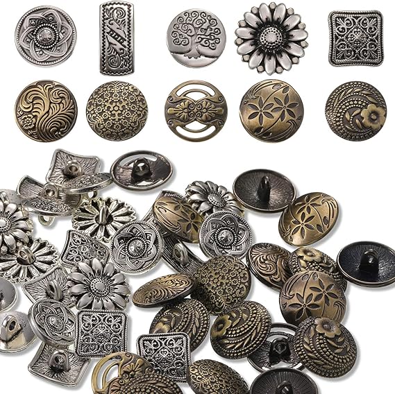 Syhood 80 Pcs Metal Shank Buttons Mixed Vintage Buttons for Craft | Antique Silver and Bronze Color Flower Round Buttons for Jewelry Making Sewing Clothing DIY