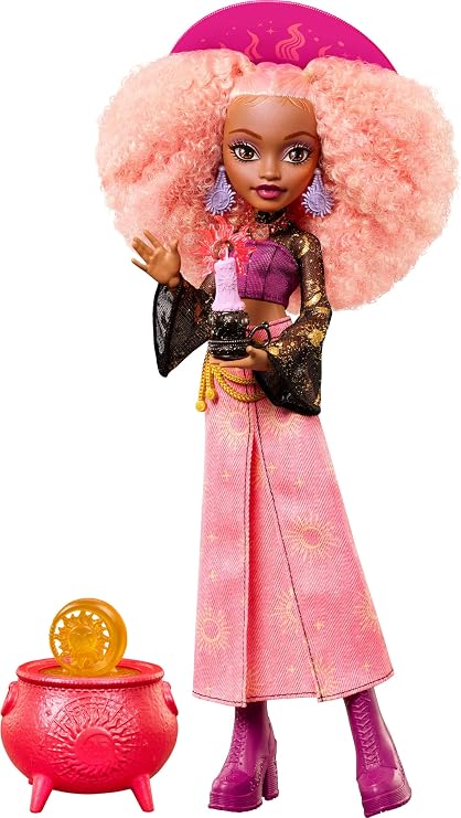 Monster High Doll, Moonspell Magic Rae Lumina | Sun Witch in Pink Skirt with Cauldron Surprise & Accessories like Candle, Hat & Spellbook