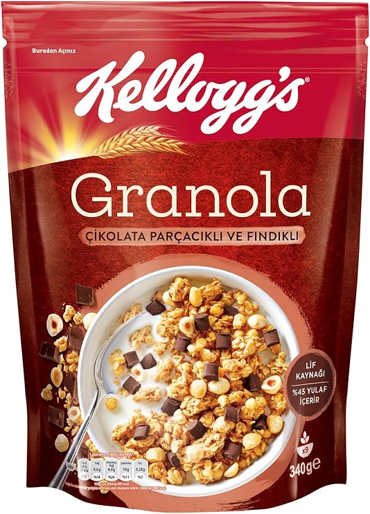 Kellogg's Granola Chocolate with Particles and Nuts contains 340 Gr, 44% Oats, Fiber Source, 11% Belgian Chocolate Pieces, Contains Antioxidants, Crisp for Breakfast, Muesli