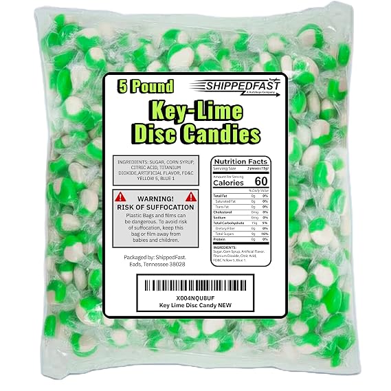 Key Lime Disc Candy. Individually Wrapped Hard Candies. (5 Pound Bag).