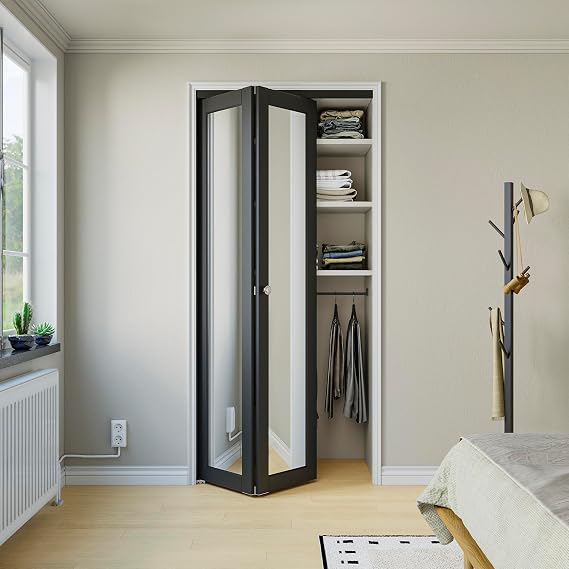 Bifold Doors for 36" x 80" Opening, Mirror Interior Folding Closet, Black