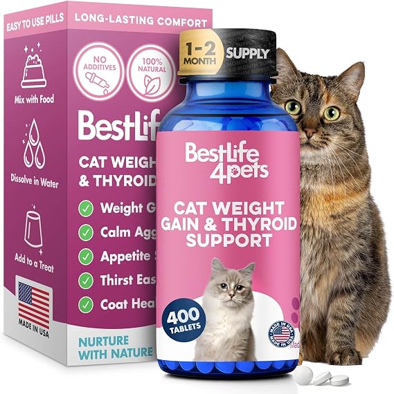 BestLife4Pets Cat Weight Gainer & Thyroid Support - 400 Pills | Natural Appetite Stimulant for Cats, Underweight Kittens or Senior Cats Showing Restlessness and Poor Coat Help Improve