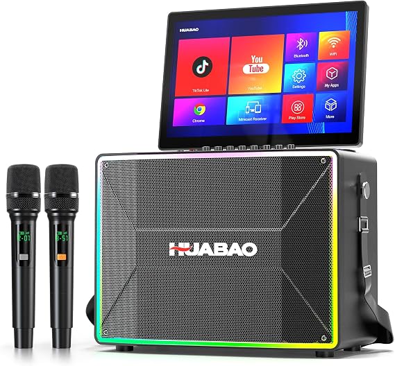 Smart Karaoke Machine with 14” Touchscreen, Built-in Streaming System & Lyrics Display, All-in-One Karaoke Speaker with 2 Wireless Microphones, WiFi, HDMI, Bluetooth & LED Lights