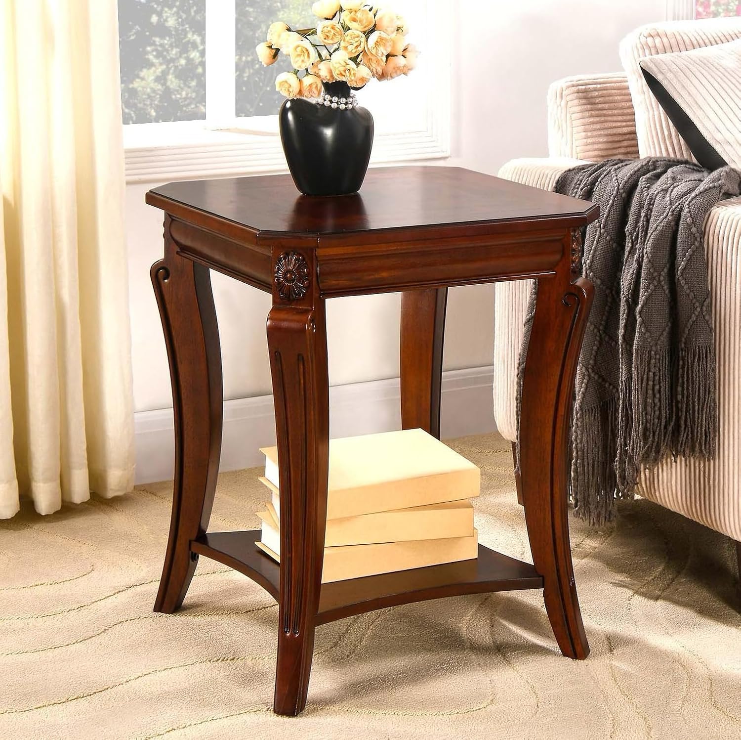 Quadratischer End Beistelltisch mit StauraumregalMassivholz-Sofa-Beistelltische mit geschnitzten BeinenBauernhaus-Wohnzimmer-Eck-Tisch Telefontisch Einfache MontageKirschbraun CJZ-A1168-WD