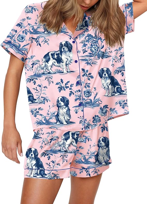 SHESHOW Satin Pajamas for Women Set Preppy Animals Pjs Short Sleeve Shorts 2 Piece Loungewear Sets XS-XXL