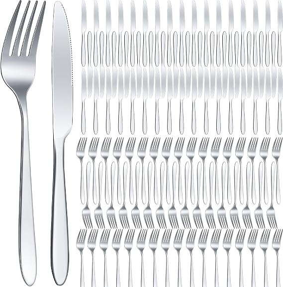 Nuenen 100 Pcs Stainless Steel Forks and Knives, Silver 8.4" 7.1"