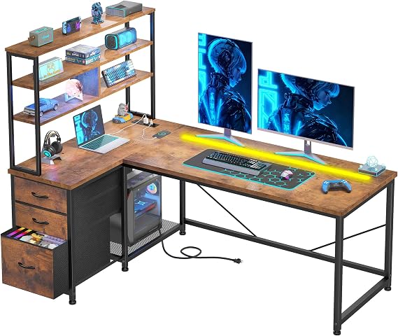 Large L Shaped Computer Desk with LED & Power Outlets, Brown
