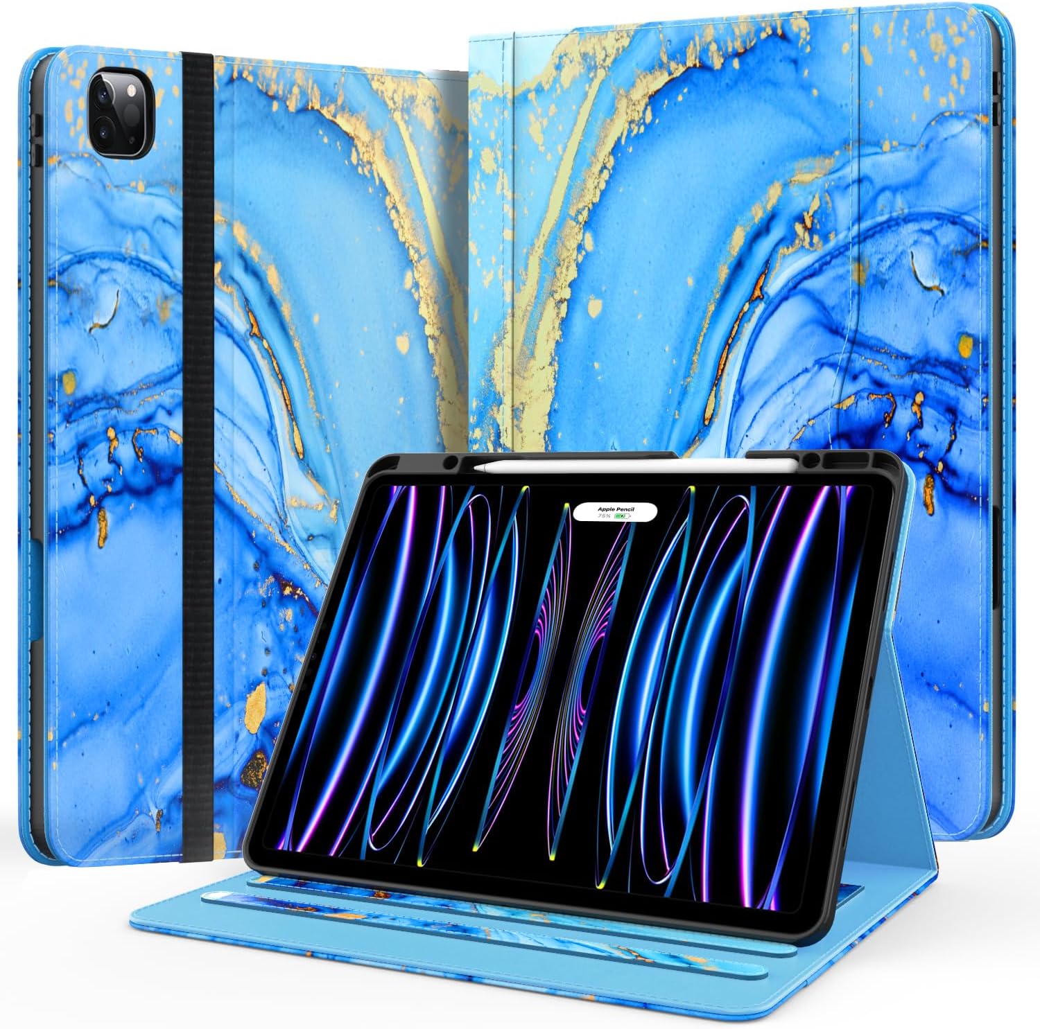 Case for New iPad Pro 12.9 inch 6th5th4th3rd Generation 2022202120202018, 12.9 ipad Pro Leather Folio Protective Cover 6543 Gen with Pencil Holder, Auto WakeSleep, Marble Blue