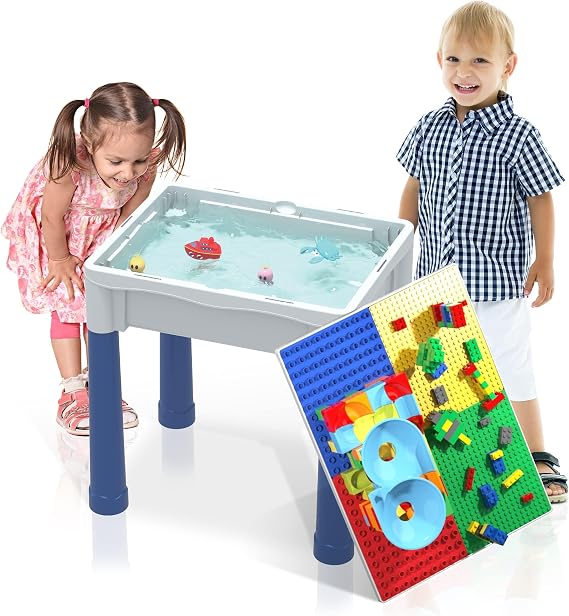 PicassoTiles Kids Activity Center Play Table & Study Desk Set Sandbox Water Tight Container Storage All-in-1 STEM Toy Kit Playset with 330pc Dual Size Building Bricks Construction Blocks Marble Run