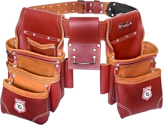 Professional 11 Pockets Leather Tool Pouch Bags/Carpenter Tool Belt Set | Heavy-duty Drywall Pouch, Electrician Pouch, And Framing Tool Belt Pouches (Maroon, Standard)