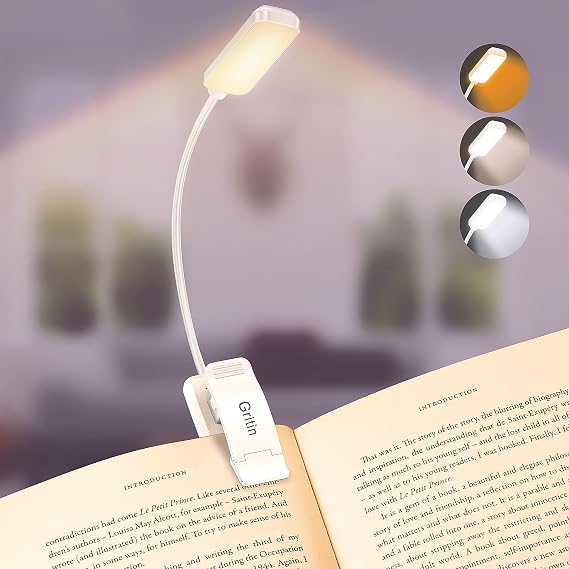 Gritin 9 LED Rechargeable Book Light for Reading in Bed | Eye Caring 3 Color Temps,Stepless Dimming Brightness,80 Hrs Runtime Small Lightweight Clip On Book Reading Light-White