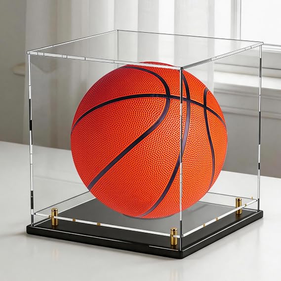 Acrylic Basketball Display Case 12” Cube, Clear Perspex Display Box with Removeable Raised Double Base & Gold Stand for Volleyball, Dustproof Sport Memorabilia Display Case