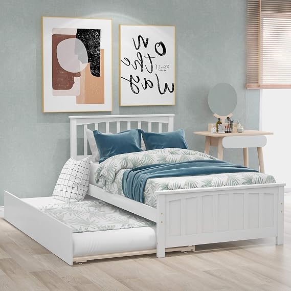 Harper & Bright Designs Wood Platform Bed with Trundle and Headboard for Bedroom, No Box Spring Needed, White(Twin)
