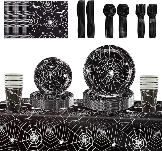96 Pcs Halloween Paper Plates And Napkins Disposable Spider Web Halloween Party Supplies Set Include Paper Cups Forks Tableware Set Dessert Plates for Party Decorations Black