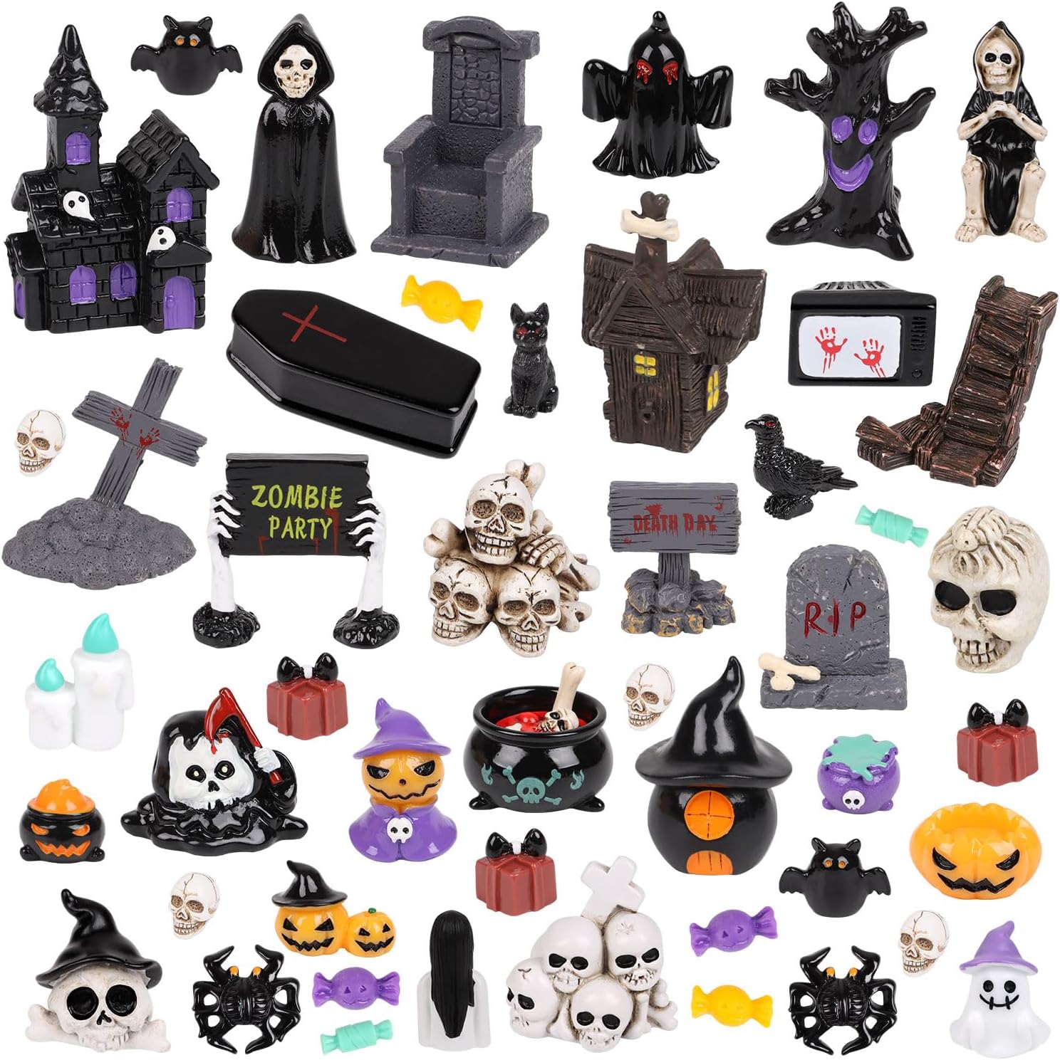 CCINEE 48pcs Halloween Mini Resin Figurines for Crafts, Miniature Skull Ghost Pumpkin Figures to Hide Tiny Village Collections Bulk for Holiday Party Favor Table Indoor Garden Dollhouse Decorations