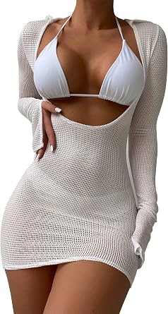 Lilosy Sexy Crochet Sheer Long Sleeve Cover Up Swim Bathing Suit Beach Dress One Piece