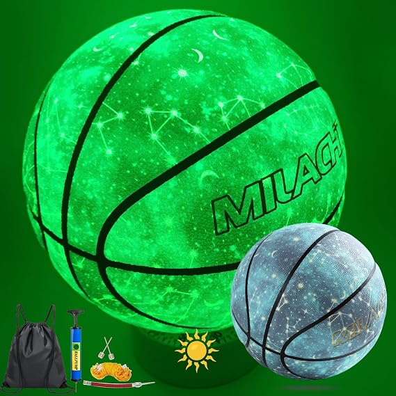 Basketball, Glow in The Dark Basketball, Glowing Leather Luminous Basketball Ball Gift for Youth, Men, Women, Indoor-Outdoor Night Game | Size 7(29.5") / 6(28.5") / 5 (27.5") with Pump