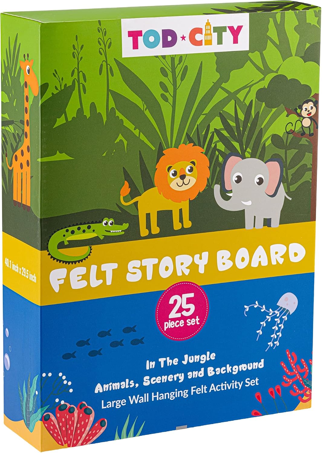 Tod City Flannel Felt Story Board Set: in The Jungle - Large Wall Hang 25 Pre-Cut Piece Interactive Learning Toy for Preschool, Kindergarten, 3 Year Old Children