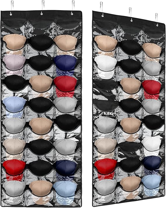 Hat Organizer With 27 Pockets for Baseball Caps - Over The Door Rack and Wall Holder With 3 Hooks