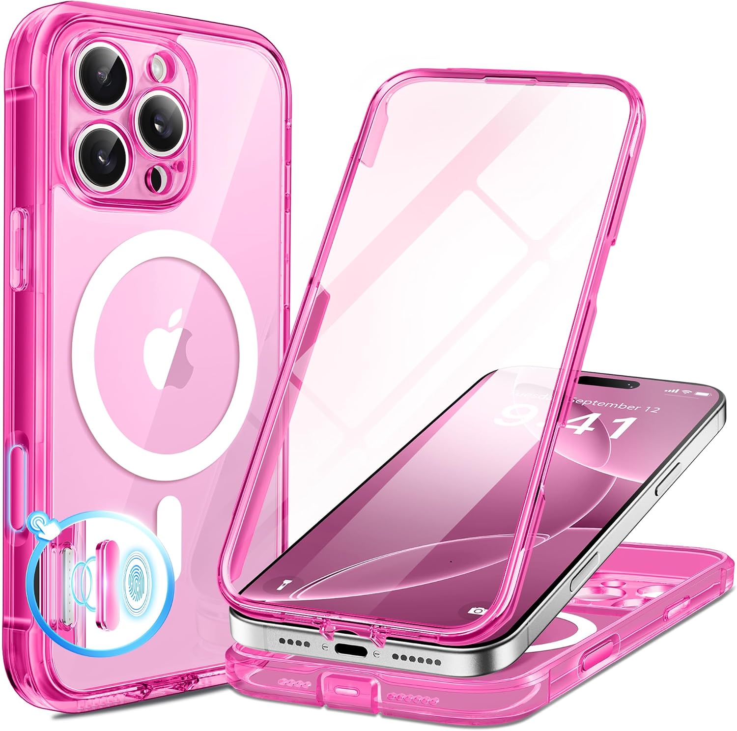 BERFY for iPhone 16 Pro Case, Compatible with MagSafe, Built-in 9H Tempered Glass Screen Protector and Camera Protection, Full Body Shockproof Clear Phone case for 16 Pro 6.3, Bright Pink