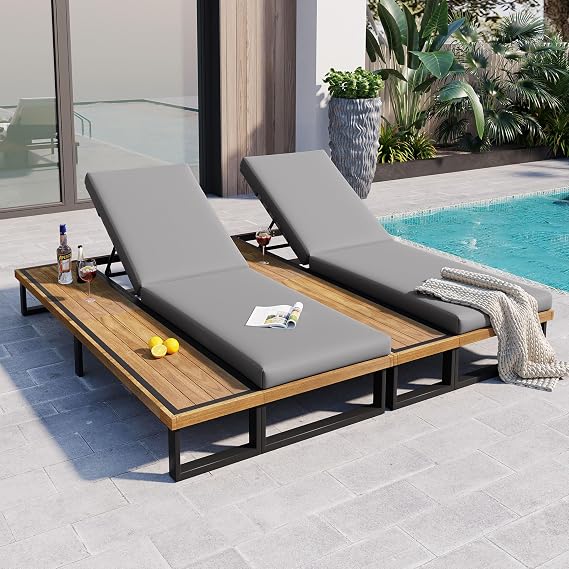 KLMM Outdoor Chaise Lounge Chair with 5-Position Adjustable Backrest, Reclinings with Cushions, Patio Loungers with Wood Side Table for Poolside, Garden, Backyard (2, Gray+Acacia)