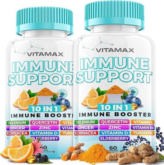 10-in-1 Immune Support with Elderberry, D3, Selenium, Quercetin, Zinc, Vitamin C, Ginger, Turmeric Curcumin, B6, Echinacea Immune Defense Made in USA (60 Count (Pack of 2))