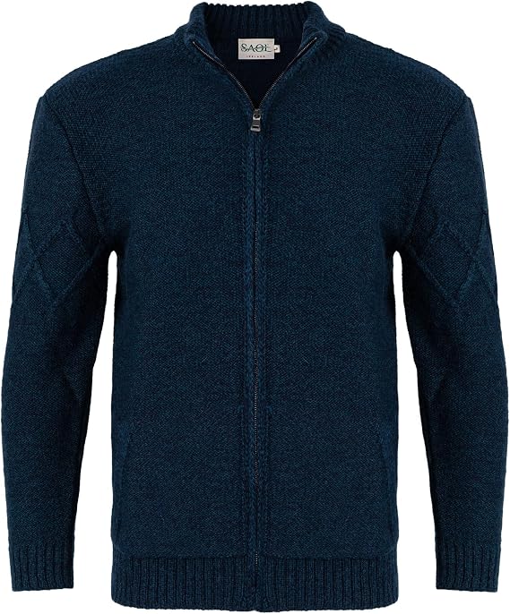 SAOL Mens Merino Wool Cardigan Full Zip Heavy Knit Sweater Jacket with Pockets