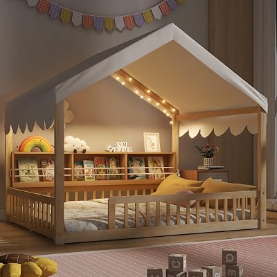 Linique Full Size Floor Bed with LED Light, Wooden House-Shaped Floor Bed with Storage Bookshelves, Fense, Curtain for Boys, Girls, NaturalBeige