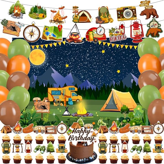 59 Pcs Camping Birthday Party Supplies, Hiking Camper Themed Party Decoration Camper Backdrop Balloons Cake Cupcake Topper for Camp Hiking Adventure Themed Party Decor