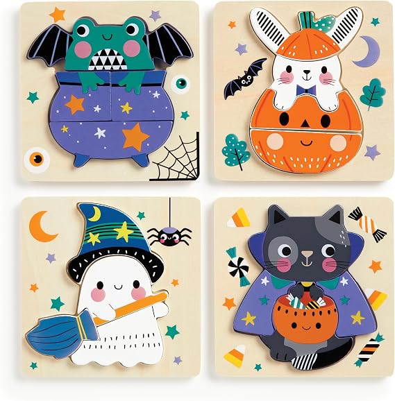 Mudpuppy Spooky Friends Set of 4 Wooden 4 Piece Puzzles Featuring A Colorful Halloween Scene with Adorable Characters Perfect for Toddlers, Montessori Toys for 1-3+, FSC Certified