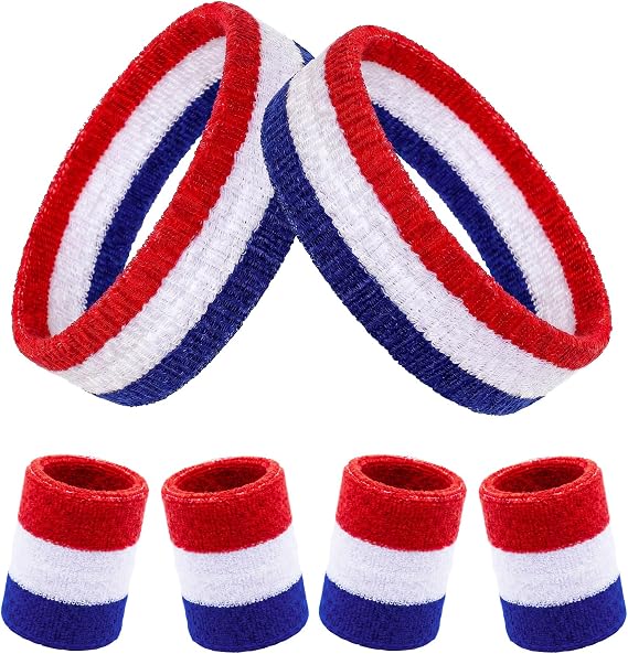 6 Pcs Sweatbands Set 80s 90s Sports Headband Striped Sweat Band Wristband Set for Men Women Sports Tennis Gym