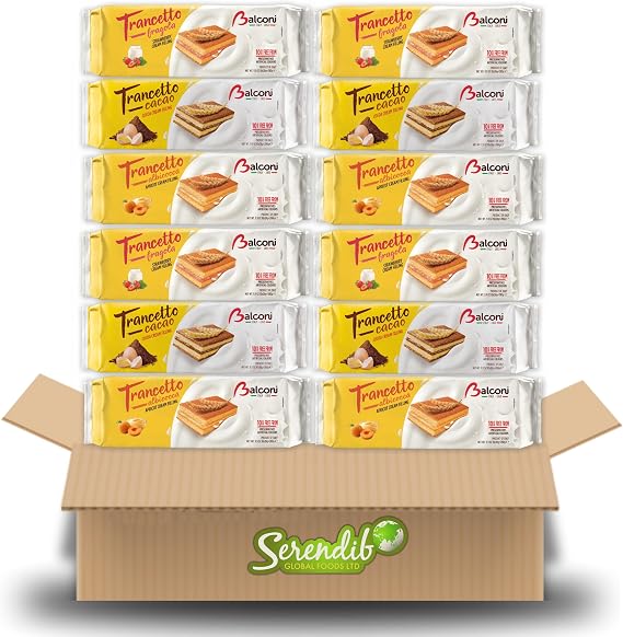 Balconi Trancetto Cake Assortment Pack - Premium Quality Italian Sponge Cakes | 280g each with 10 snacks inside | Strawberry, Cocoa & Apricot flavours | (4 Packets Each - Total 12 Pack)