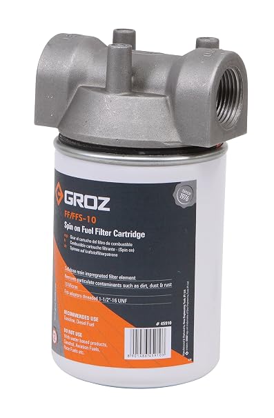 Groz 45903 10-Micron Water Block Fuel Filter, Spin-On Cartridge Style, 1-Inch NPT, Aluminum Die-Cast Head, High-Flow Fuel Filter for Removing Dirt, Dust, Rust, and Water from Fuel Systems