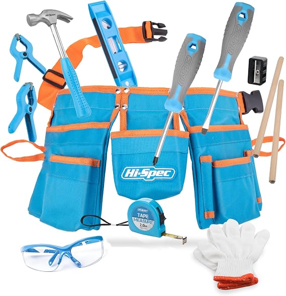 Hi-Spec Kids Tool Set with Tool Belt for Real Child-Sized STEM DIY, Blue