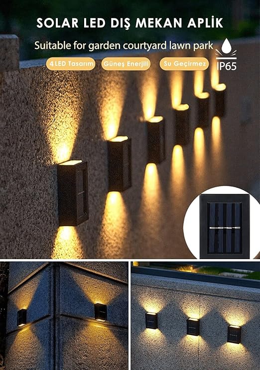 4 Ledli Solar Çift Taraflı Duvar Lambası Güneş Enerjili Aydınlatma Dekorasyon Aplik Işık [Enerji Sınıfı A]