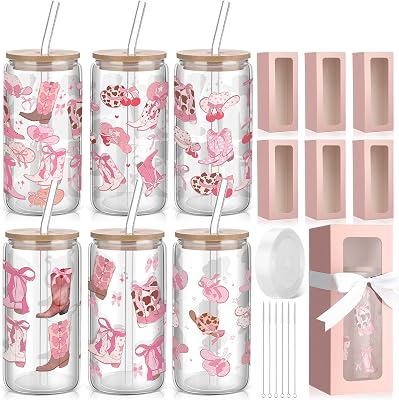 6 Pcs Coquette Bow Aesthetic Cup with Gift Box 16 oz Cowgirl Pink Bow Glass Cup with Lid and Straw Iced Coffee Tumbler Cowgirl Gifts Drinking Jar for Women Friend Sister Girlfriend