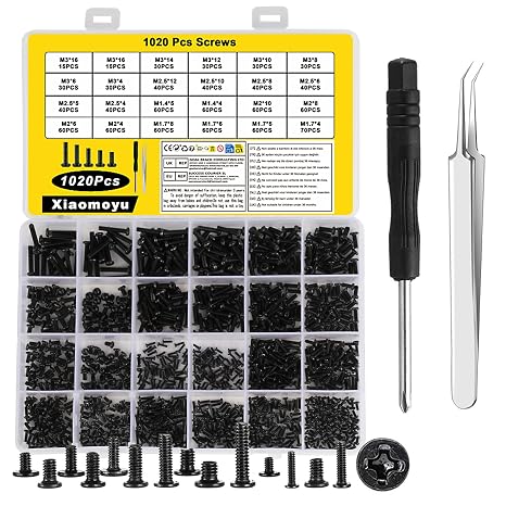 1020 Pcs Laptop Screws Set, M1.4 M1.7 M2 M2.5 M3 Small Flat Head Screws