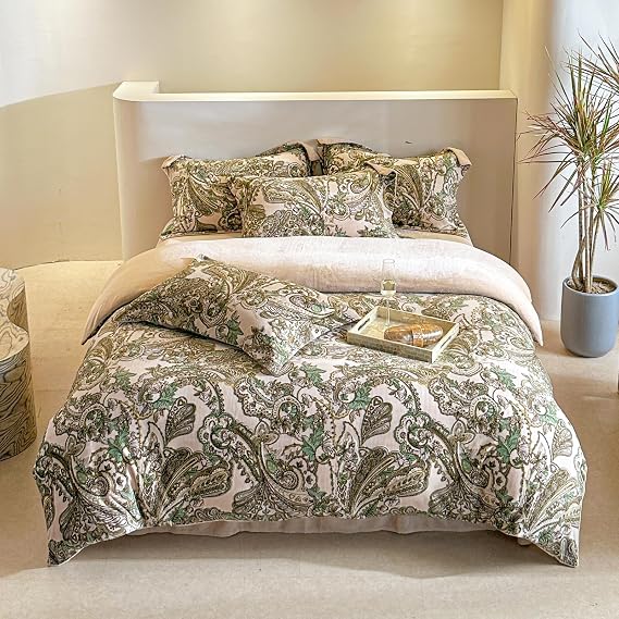 ZIQINPSQ Paisley Duvet Cover Set with Zipper,Soft Bohemian Bedding Sets 3Pcs (1Duvet Cover+2Pillowcase),Vintage Hippie Floral Pattern Luxurious Bedding Comforter Cover Set Twin Size(Beige,Queen)