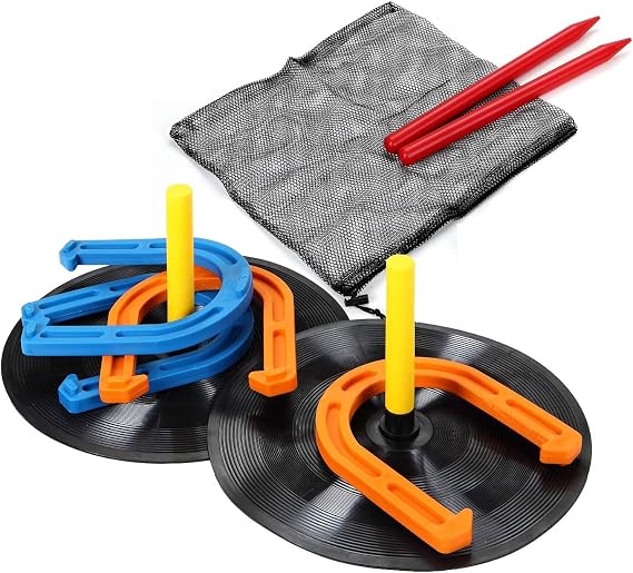 Outdoor Indoor Rubber Horseshoes Set - Win SPORTS Includes 4 Horseshoes,2 Pegs,2 Rubber Mats,2 Red Plastic dowels,Beach Games Perfect for Tailgating,Camping,Backyard,Fun for Kids Adults