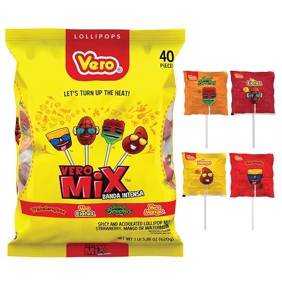 Vero Banda Fuego Mix Assorted Chili Lollipops, Mexican Candy 40 Ct