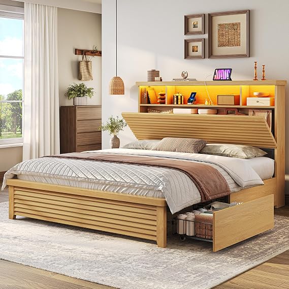 Wood Bed Frame Queen Size with 4 Storage Drawers & Bookcase Headboard, Led Wooden Queen Bed Frame with Charging Station,No Box Spring Needed,Wood